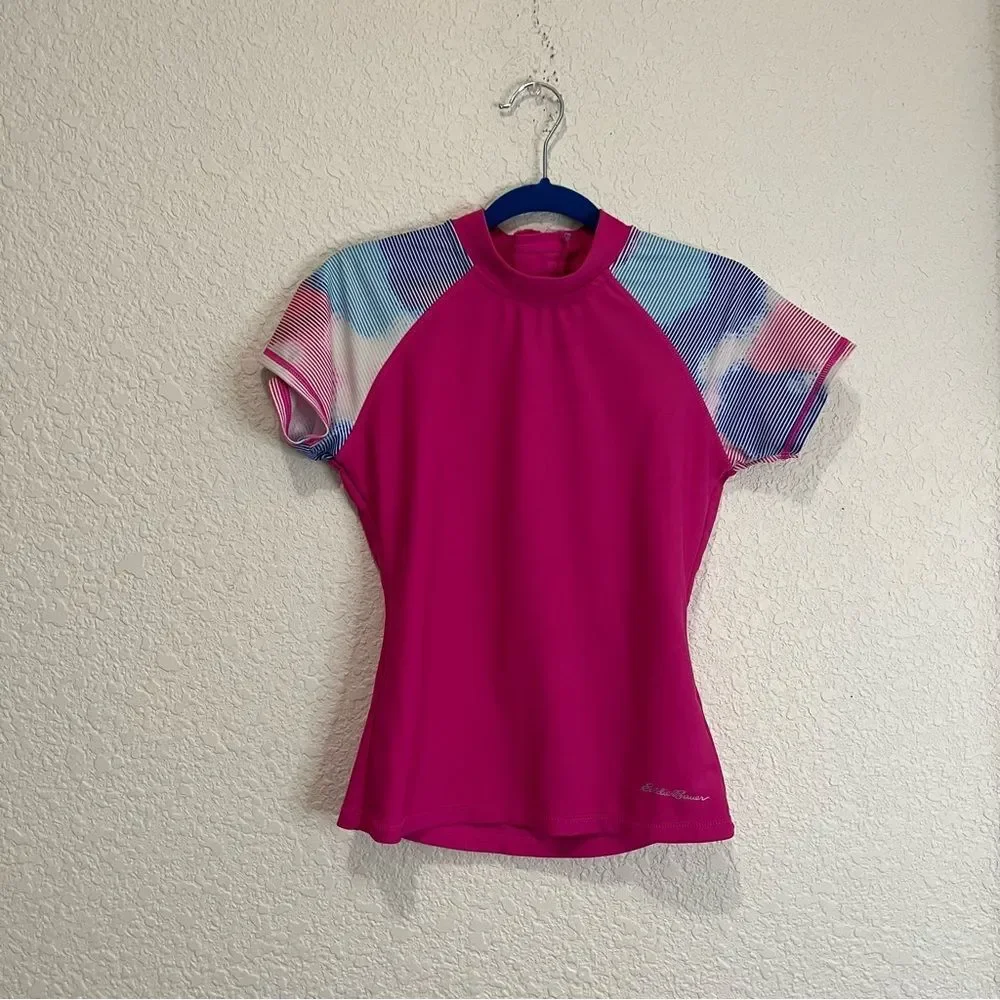 Eddie Bauer Rash Guard Girls Top Size S 7/8 Pink Tie Dye Short Sleeve Swimwear